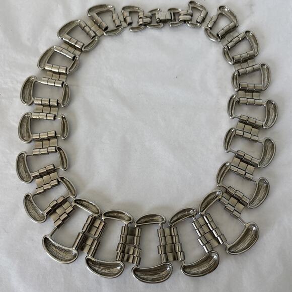 Modernist Statement Collar Necklace Silver Tone Bold Chunky 18" Chain Link - Picture 5 of 12